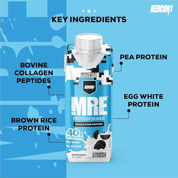 REDCON1 MRE Ready to Drink Protein Shakes, Cookies & Cream - Lactose + Whey Free RTD Protein Made with Real Whole Food Protein Blends - Keto-Friendly and Easy to Digest Nutritional Shake (12 Pack)