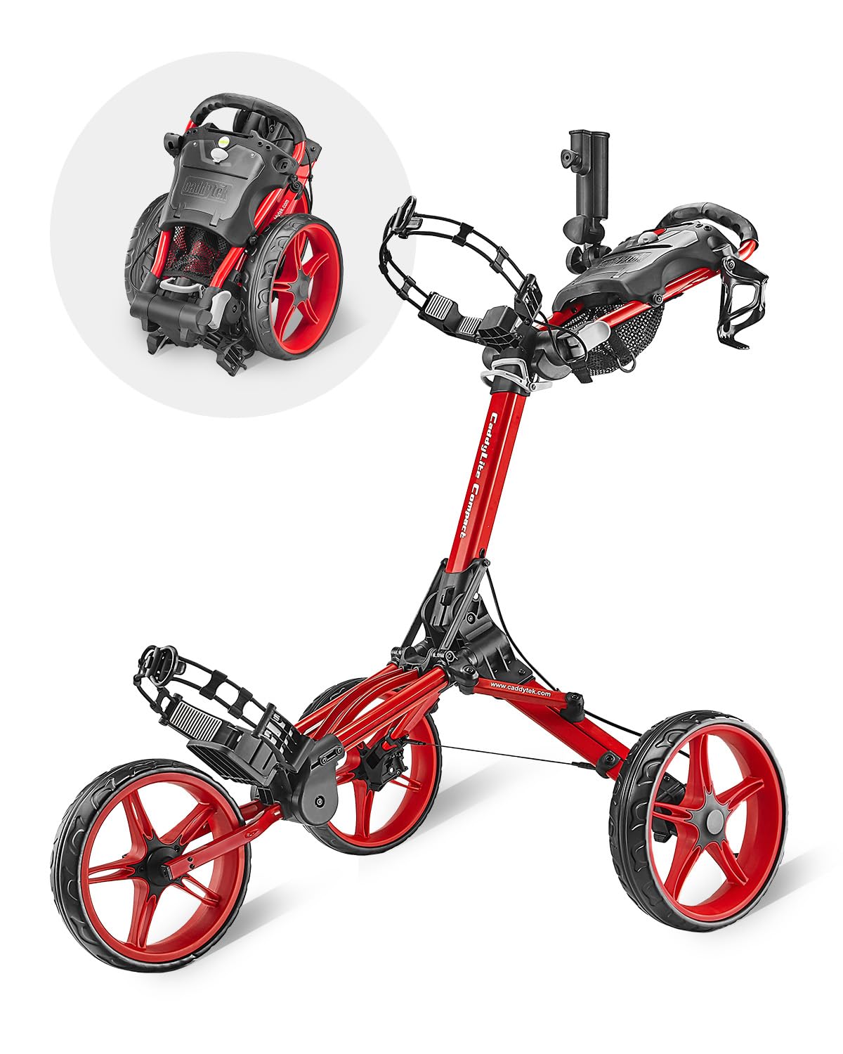 Caddytek CaddyLite Compact Golf Push Cart - Lightweight Aluminum 3-Wheel Foldable Golf Bag Cart with Quad-Fold System, EVA Wheels, Adjustable Handle, Brake, Mesh Net, Umbrella & Drink Holder