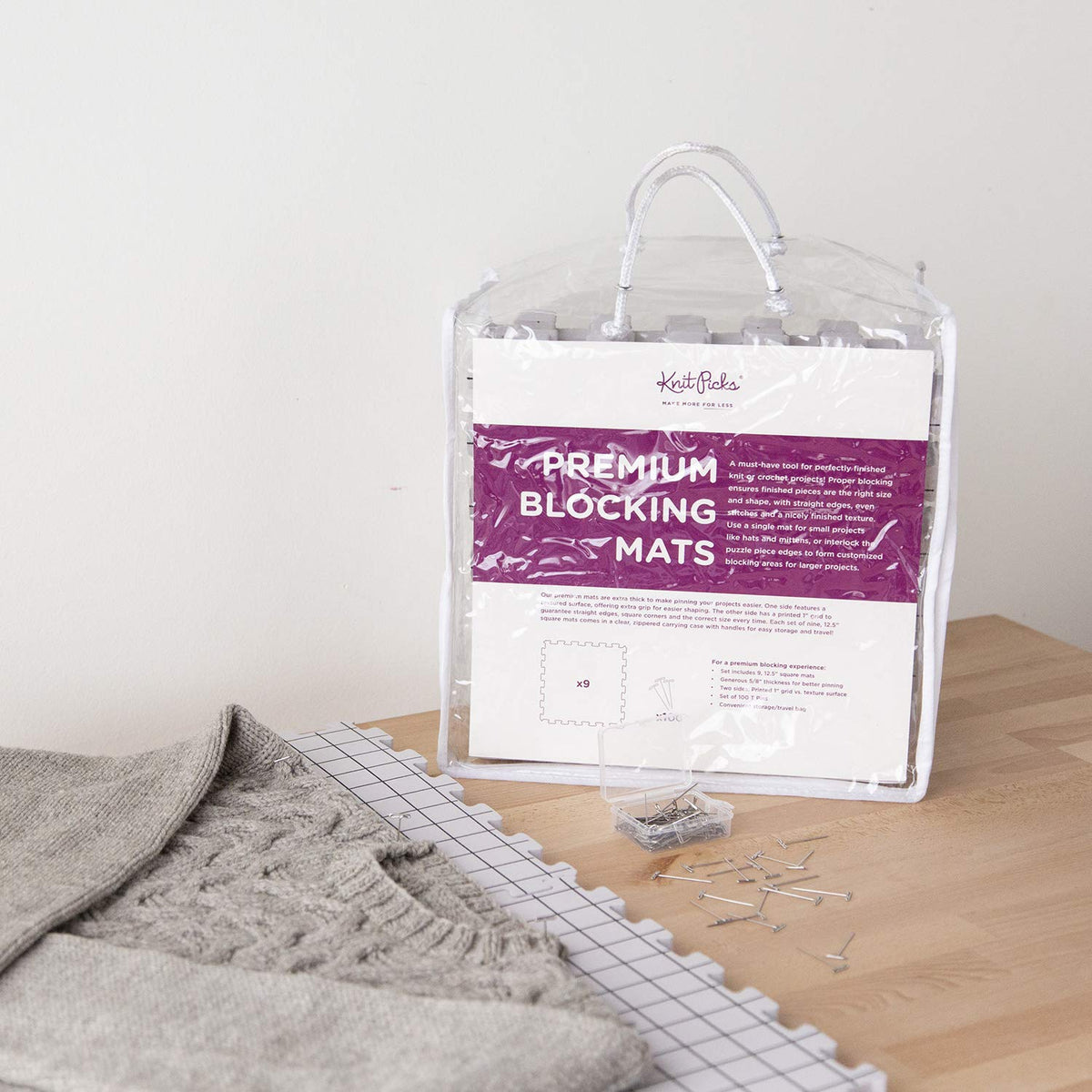 Knit Picks Premium Blocking Mats for Knitting and Crochet, Pack of 9 Extra Thick Blocking Boards with Grids, Includes 100 T-Pins and Storage Bag