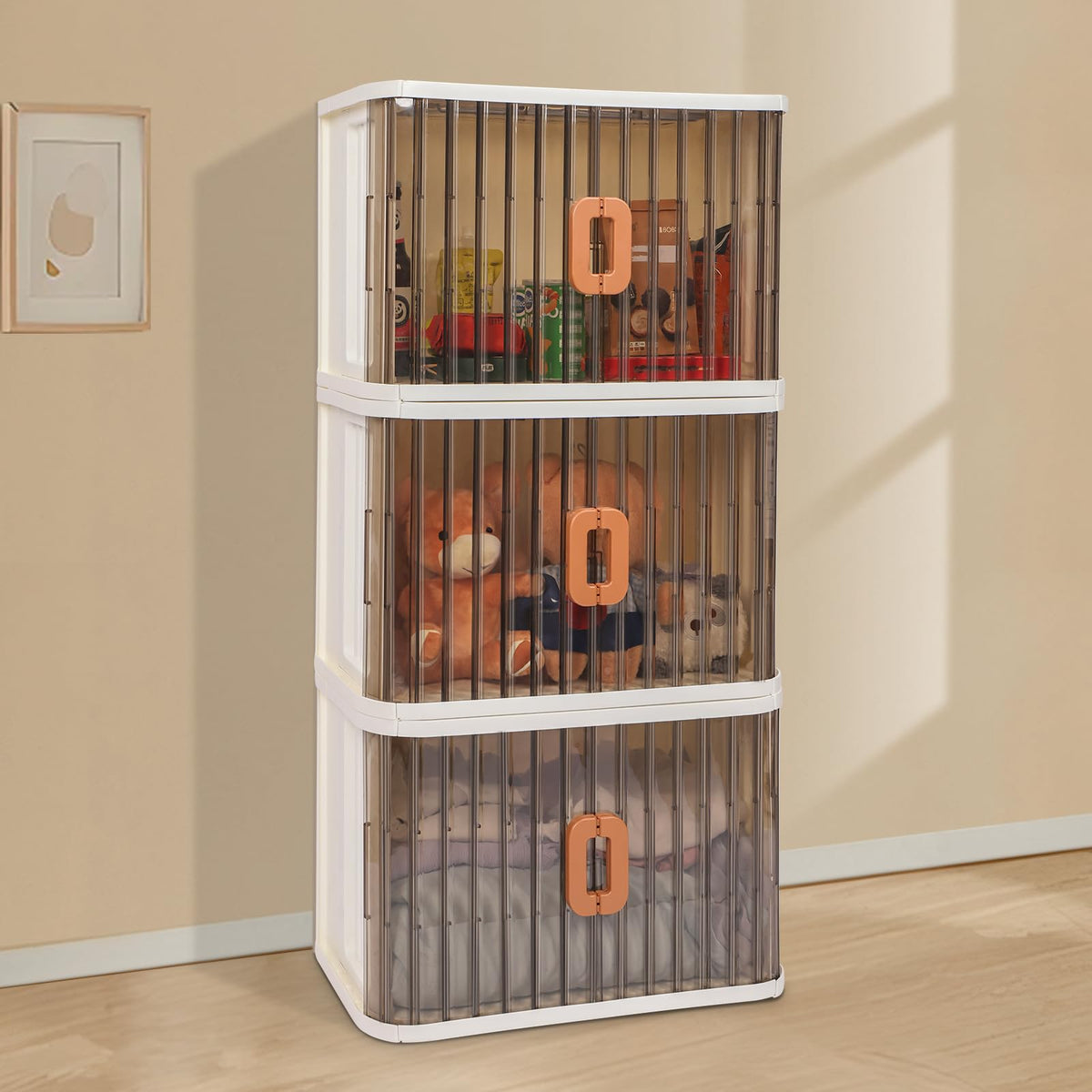 CIWEI Foldable Storage Cabinet with Wheels, 3 -Tier Stackable Storage Bins with Doors and Wheels Adjustable Shelves for Kids Free Standing Shoe Shelf Cabinet for Kitchen Bathroom