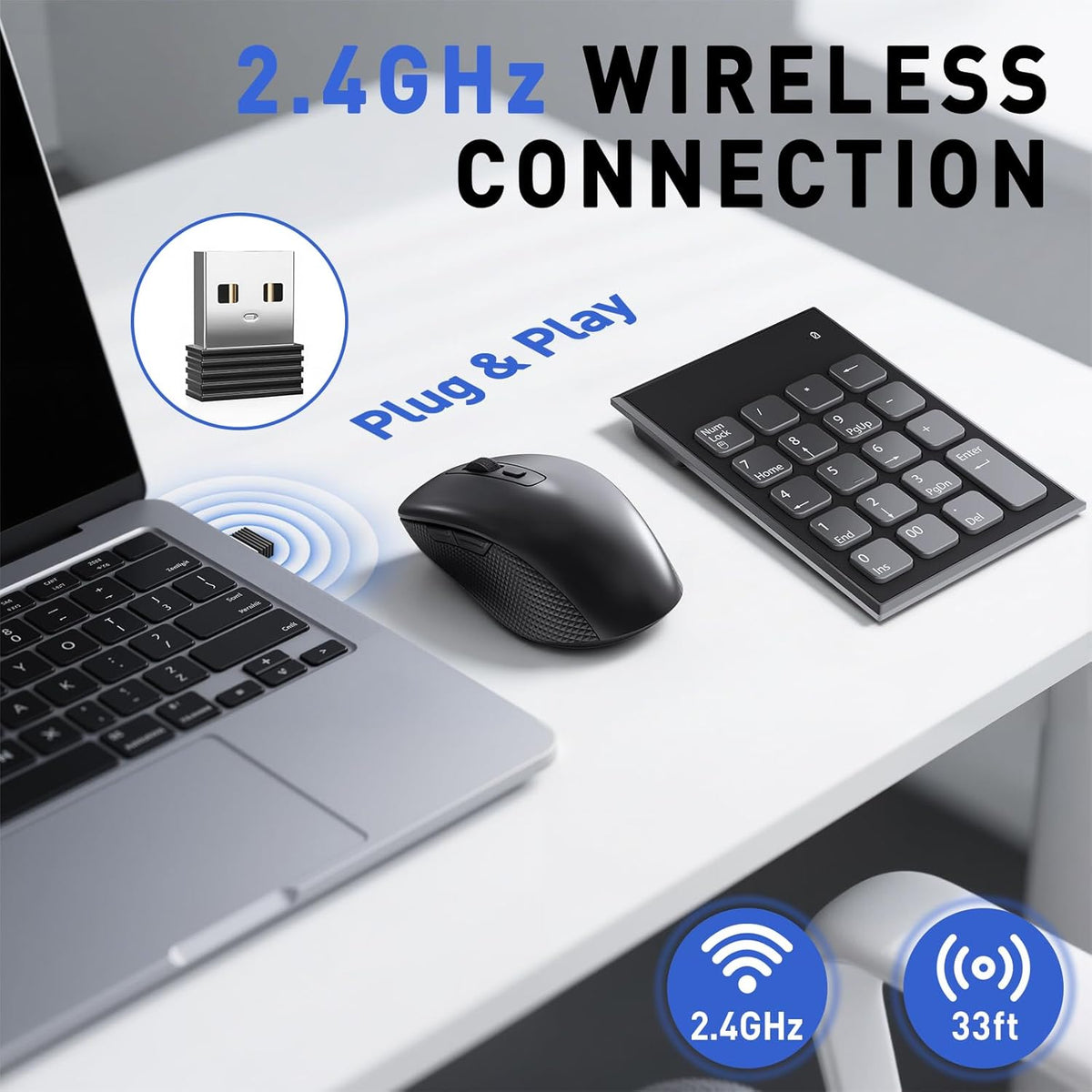 Yeemie Pro 19 3 2.4GHz Wireless Number Pad and Mouse Combo, Key USB Keypad and Adjustable DPI Silent Mouse, Ultra Slim