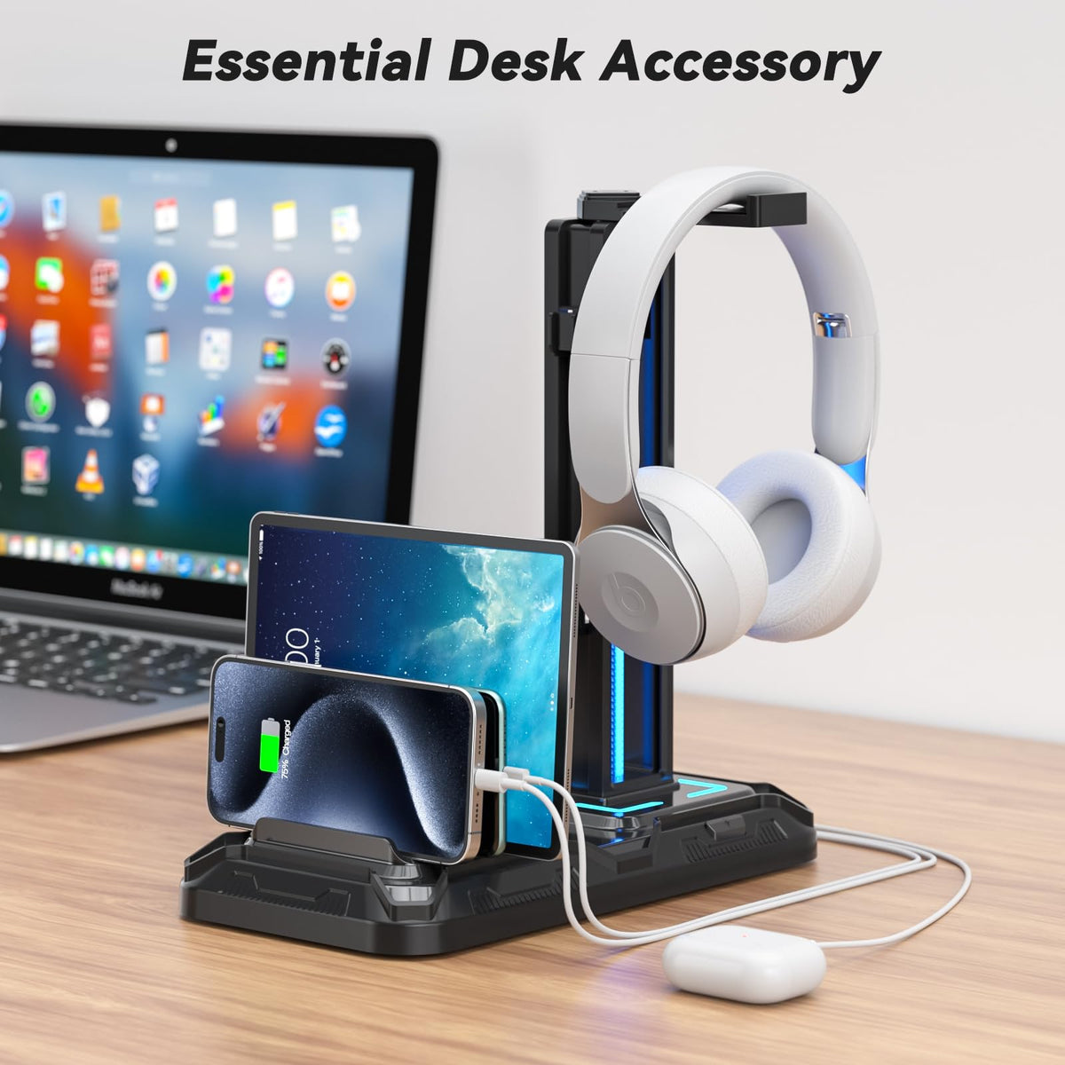 KDD Headset Stand with Charging Station - Detachable Controller Holder with 9 Light Modes - Rotatable Headphone Hanger with USB A&C Charger Ports - Earphone Hook for PC Gaming Accessories Storage