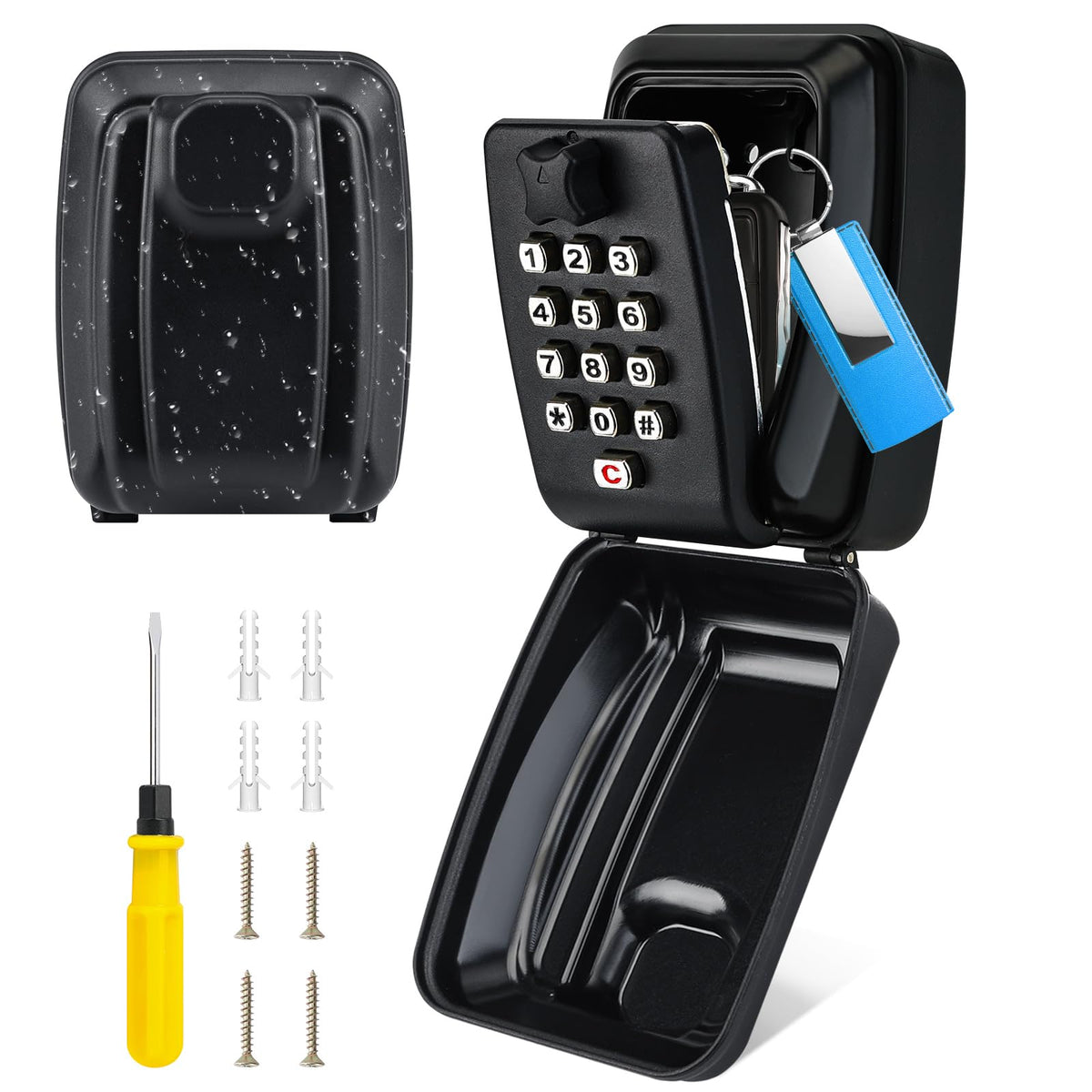 Thlevel Key Lock Box for Outside, Key Safe Wall Mounted Outdoor Waterproof Extra Large Key Box 12-Digit Combination Key Storage Box with Weatherproof Cover for Home Garage School Office, Black