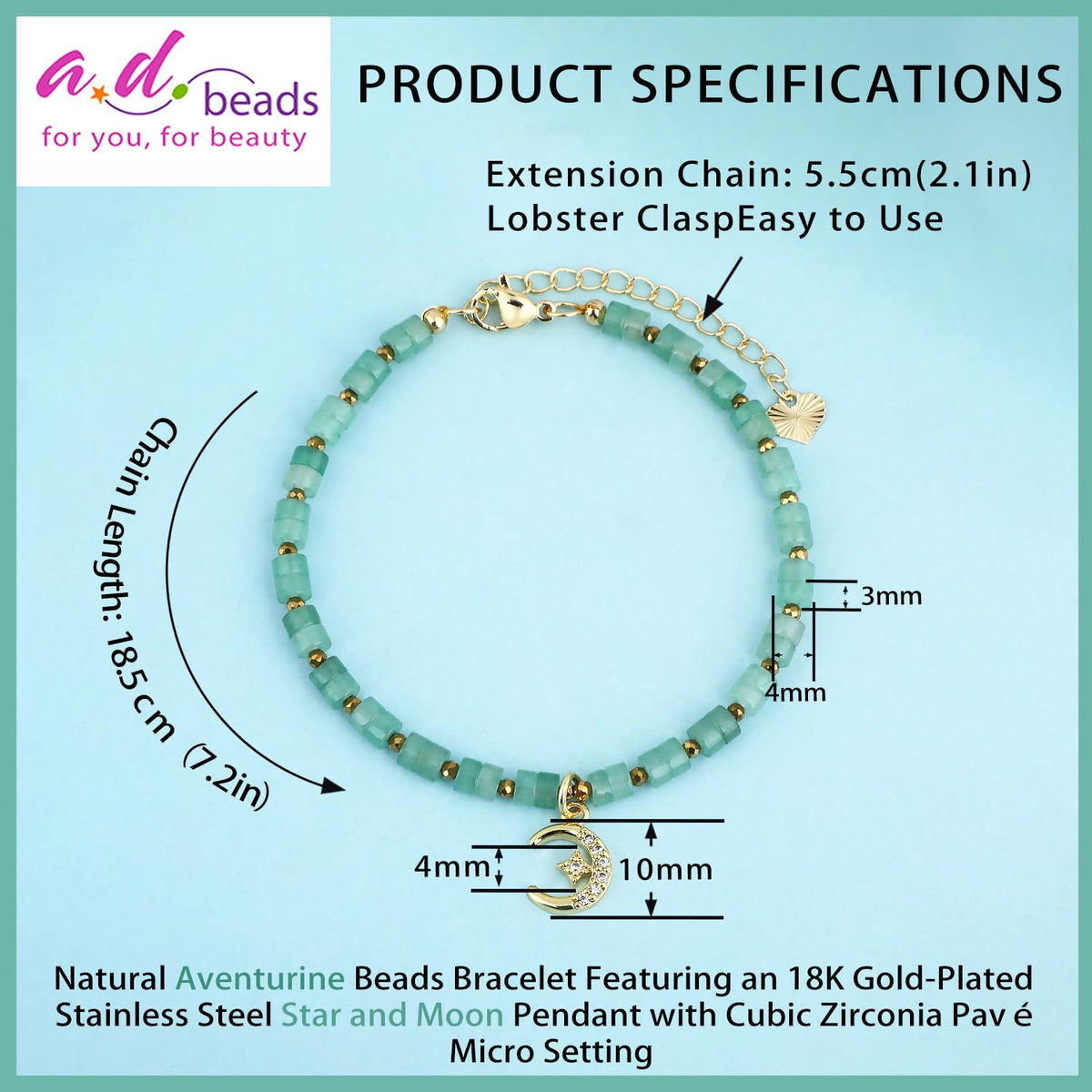 Natural Gemstone Healing Crystal Aventurine Dainty Charms Star and Moon Bracelet Adjustable Chain Extender Minimalist Jewelry