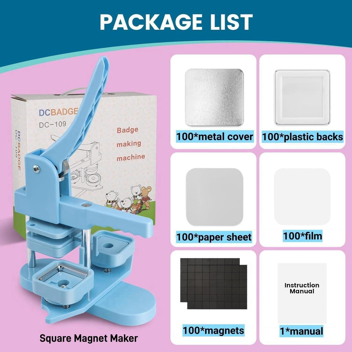 Square Magnet Button Maker Kit - Holographic Film 2'' x 2'' Button Press Machine with 100 Set Fridge Magnet Making Supplies(Metal Cover, Film, Back Inserts), for Craft, Home, Small Business