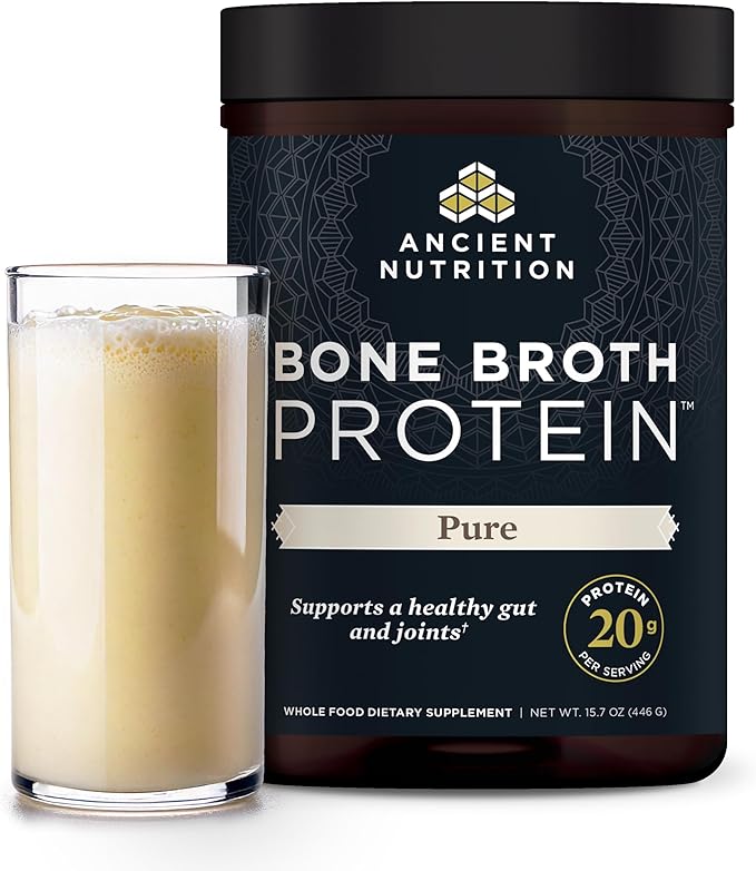 Ancient Nutrition Grass Fed & Cage Free Bone Broth Protein Powder, 20g Protein Per Serving, Hydrolyzed Collagen Peptides, Glucosamine, Chondroitin, Supports Joint & Gut Health, Pure, 20 Servings