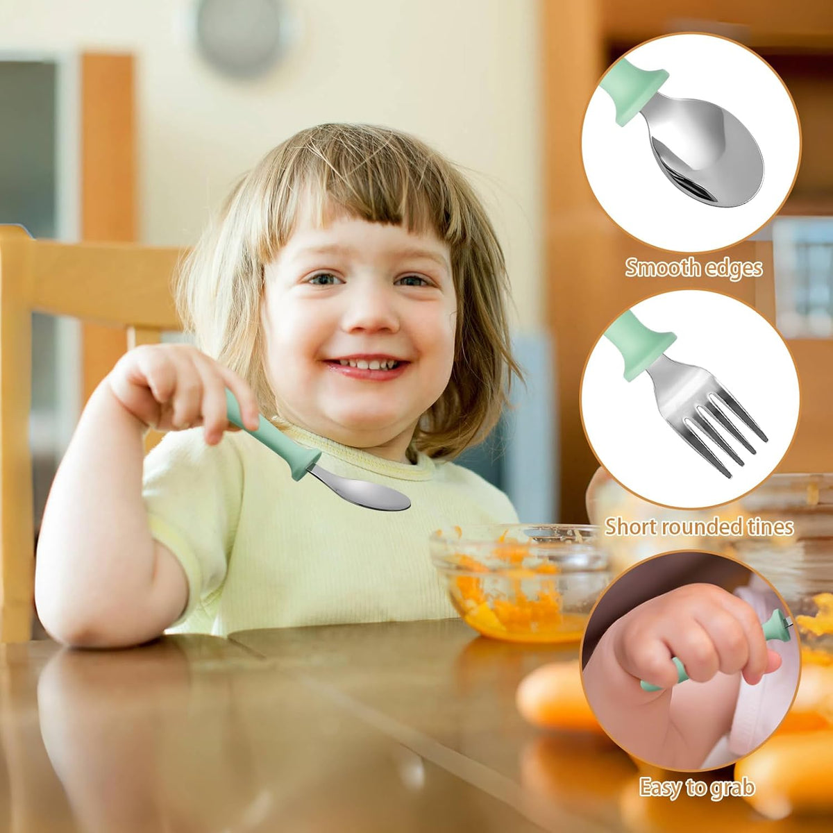 Pimoys Toddler Utensils Set - 6-Piece Stainless Steel Forks & Spoons with Plastic Handles | Dishwasher Safe