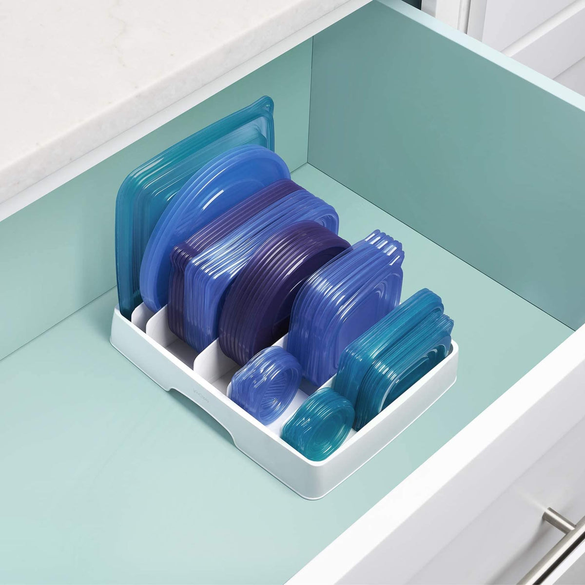 YouCopia StoraLid Food Container Lid Organizer for Kitchen Cabinet Storage with 5 Adjustable Dividers, 10.5''D × 13.4''W × 3.3''H, Large Classic Edition, White