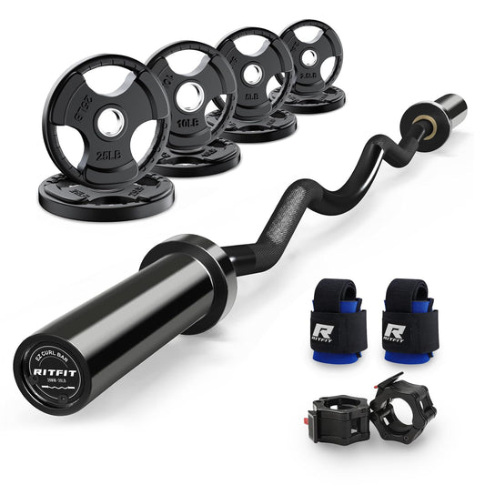 RitFit 2 Inch EZ Curl Bar with Weights, 350LBS Capacity Olympic Barbell for Bicep & Triceps, Home Gym Strength Training,Black with 85LBweights