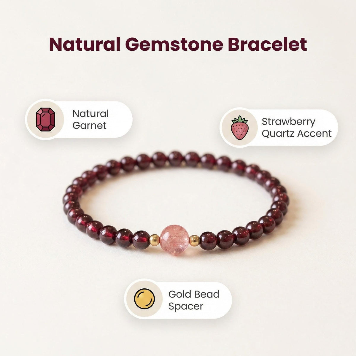 CNYTPE Garnet Bracelet for Women – Red Garnet Jewelry, Healing Crystal Bracelet, Handmade Gemstone Jewelry, Symbol of Love, Happiness & Harmony (Garnet & Strawberry Quartz Single-Strand)