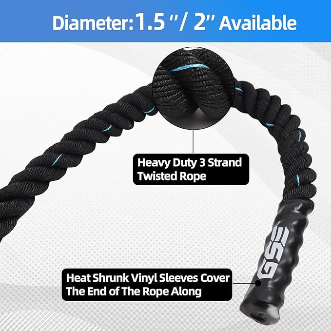 GSE Games & Sports Expert Gym Battle Rope, Heavy-Duty Workout Ropes for Indoor & Outdoor Workout, Exercise Rope for Strength Training - 30,40,50 Feet Lengths Available