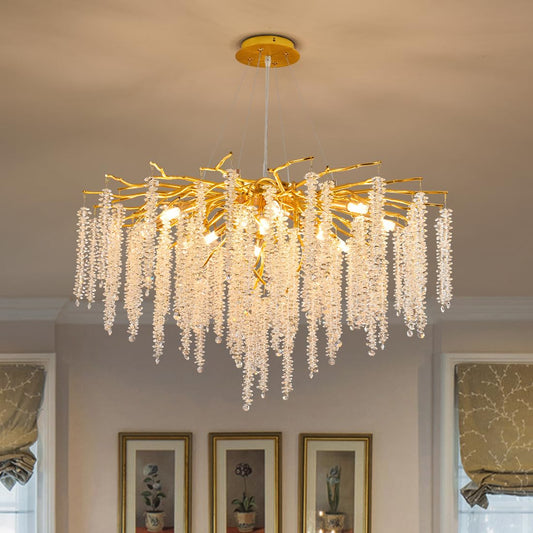 Puvaue Crystal Tree Branches Chandeliers Luxury Round Raindrop Pendant Light Fixture Ceiling Hanging Light for Dining Room Bedroom Living Room Entryway D31.5“ Gold