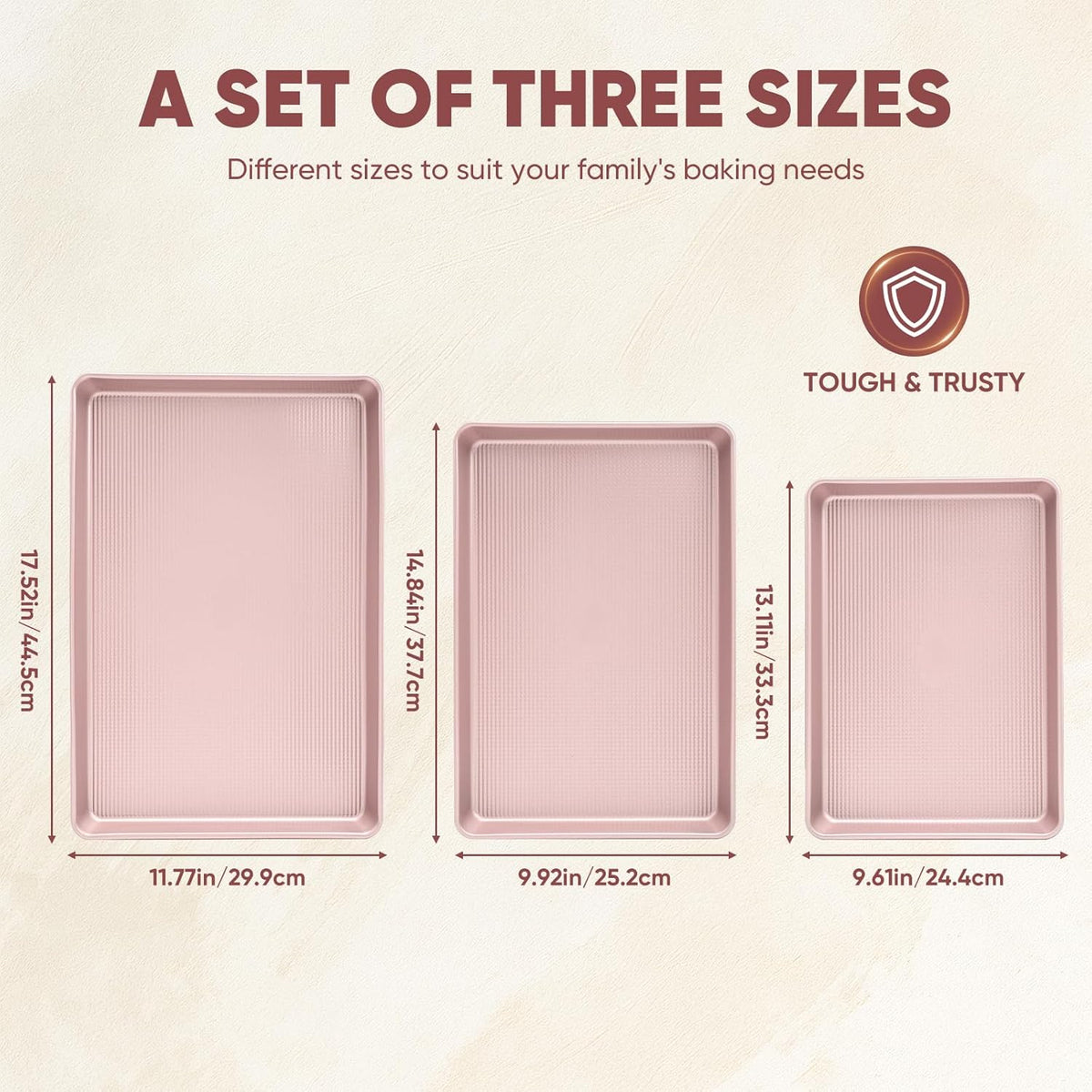 Sakerplus Nonstick Baking Sheet Pan Set - Heavy Duty Cookie Sheets | 0.6mm Thick, Rust-Resistant, Easy Clean (Pink)