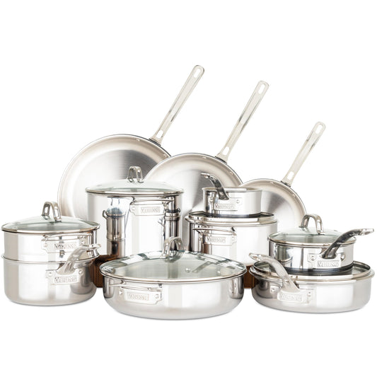 Viking 3-Ply Pots and Pans Set, 17 Piece Stainless Steel Cookware Glass Lids, Steamer Insert, Silver