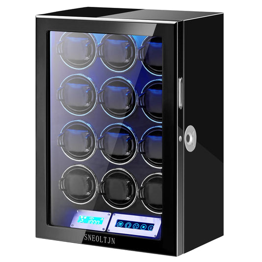 SNEOLTJN Watch Winder for 12 Slots Automatic Watches, Ultra-Quiet Japanese Motors, Built-in LED Illumination and LCD Touchscreen Control