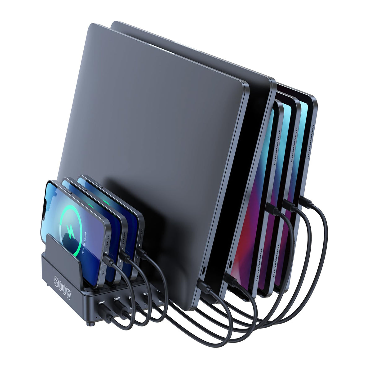 chipofy 500W Charging Station for Multiple Devices, 10-Port Multi USB C Fast Charger Station with Organizer Stand for MacBook Laptop, iPad, iPhone 17 16 Pro Max, Galaxy S25/S24 and More