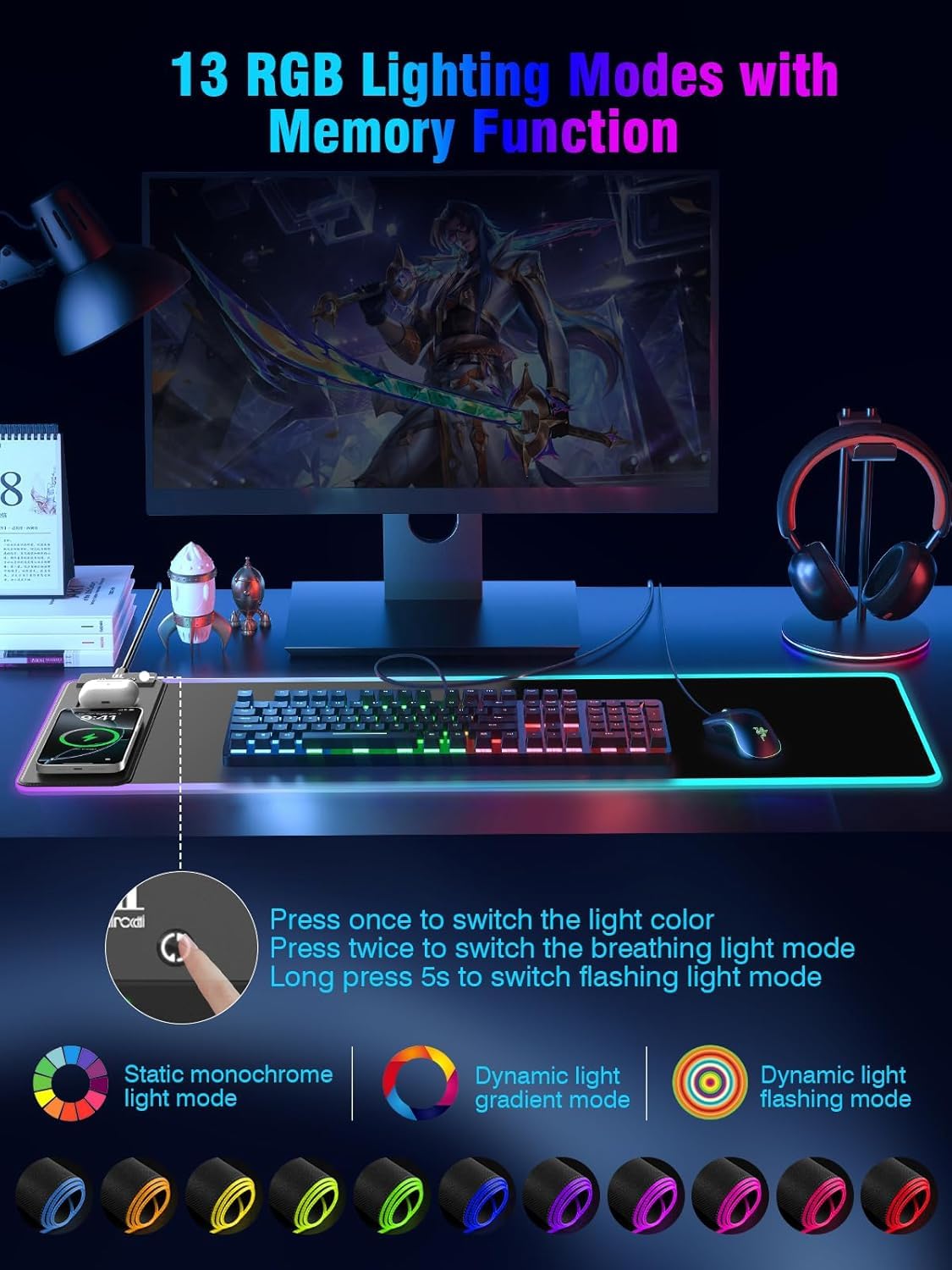 Mouse Pad with Magnetic Wireless Charging, Large Desk Pad Protector, RGB Black Mousepad Desk Mat with 15W Fast Charger, 4mm Thick Non-Slip, Waterproof Laptop Writing Pad for Office, Home, Gaming