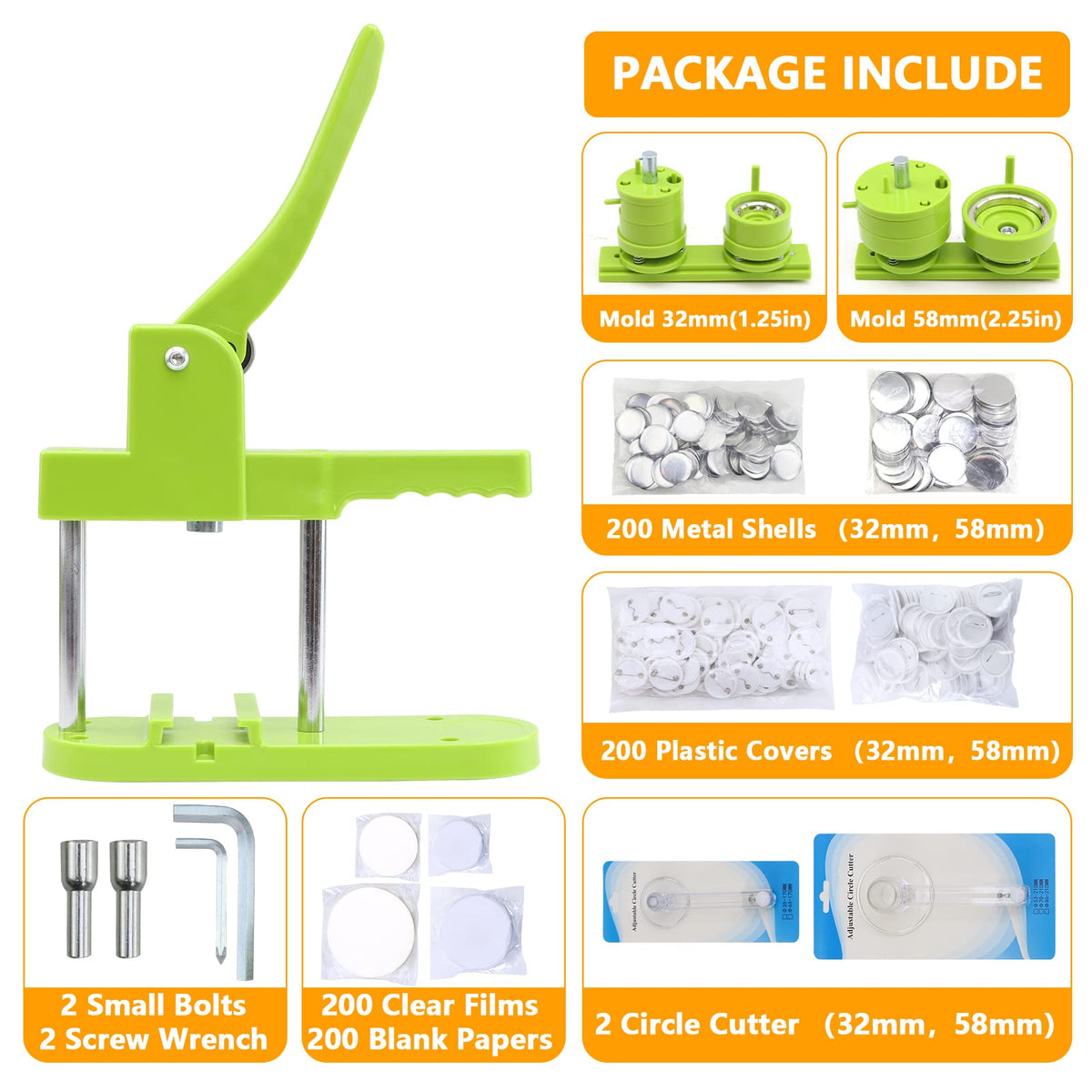 MK.Bear Button Maker Machine - Multiple Sizes 1.25in+2.25in, Kit for DIY Gifts, Button Press Machine with Free 200PCS 32-58mm Supplies & 2 Circle Cutter