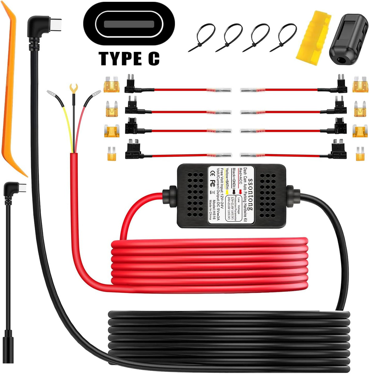 ssontong 3-Lead 12V-24V 5V 13ft Dash Cam Hardwire Kit, Acc Hardwire Kit for Dash Camera Type C Hard Wire Kit to USB-C