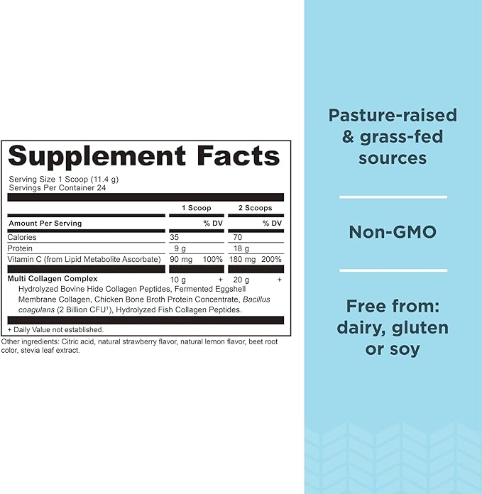 Ancient Nutrition Collagen Peptides Powder, Multi Collagen Protein, Women & Men, Vitamin C, Probiotics, Hydrolyzed Collagen, Supports Skin, Joints, Gut Health, Strawberry Lemonade, 24 Servings