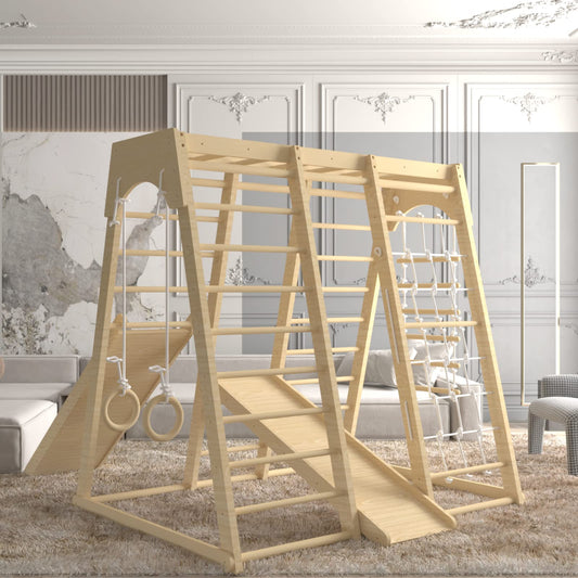 Toddler Jungle Gym, 66" Indoor Playground Set with Swing, Rock Climb Wall, Slide, Monkey Bars, Wood & Rope Ladder, Rope Wall Ladder for Kids 1-8yrs