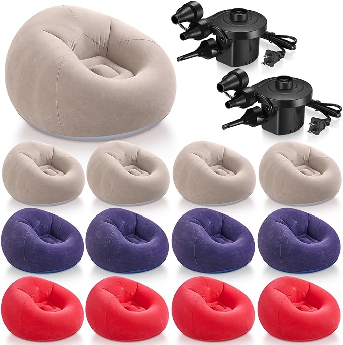 Realspring 12 Pcs Bean Bag Chairs for Adults Inflatable Chairs with Electric Air Pump,Blow up Couch Folding Portable Inflatable Couch Lazy Sofa for Reading Living Room Camping (Blue,Red,Coffee)