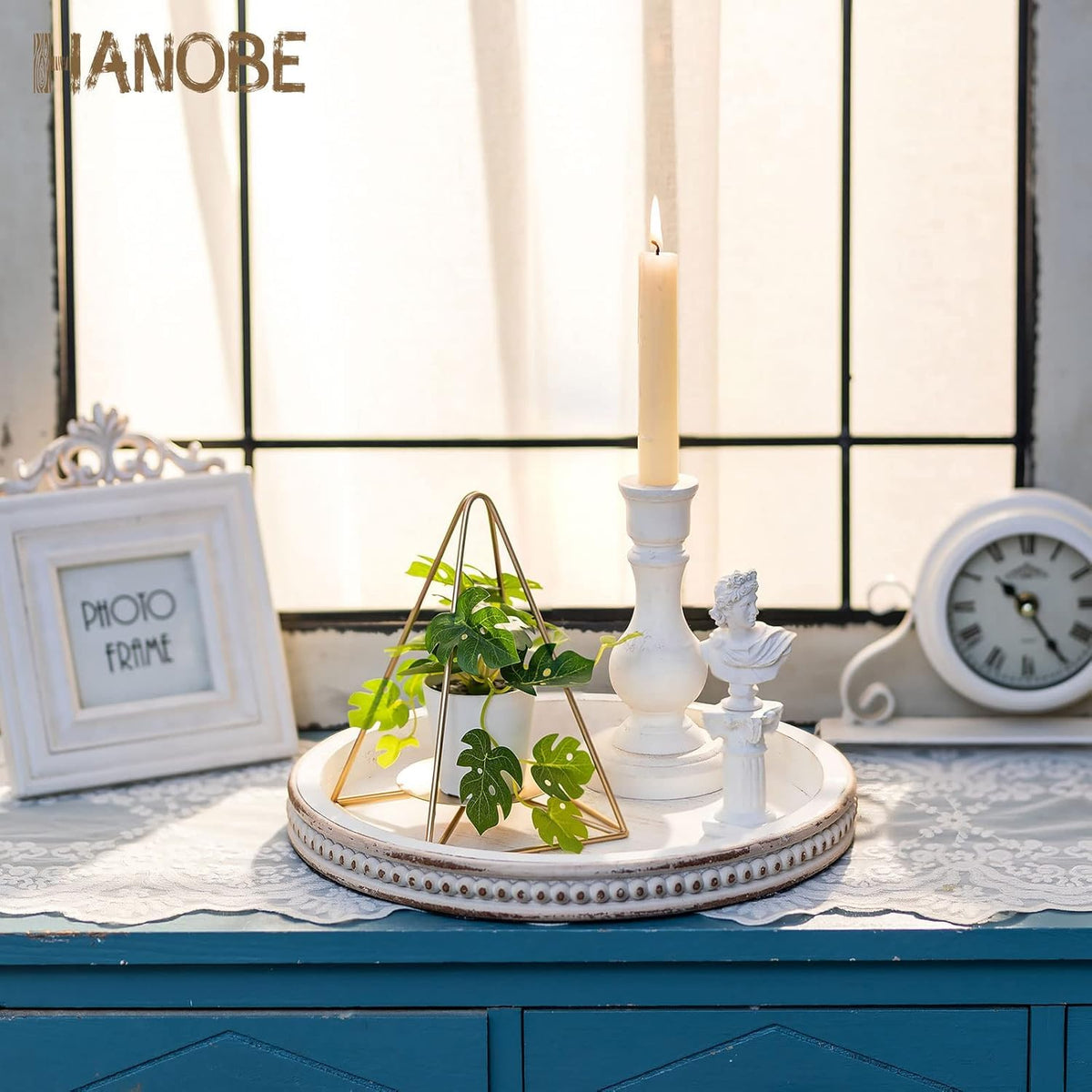 Hanobe Candle Tray Holder Decorative: Round Coffee Table Home Decor Centerpiece Boho White Serving Trays for Living Room Kitchen