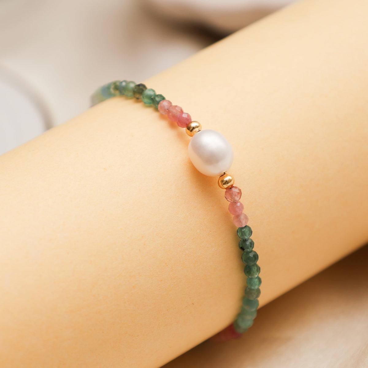 Gempires Watermelon Tourmaline Beaded Bracelet with Pearl Choker Crystal Jewelry Lightweight Colorful Gemstone Bracelets For Women Hypoallergenic 7.5 Inch Gold Plated Adjustable Chain