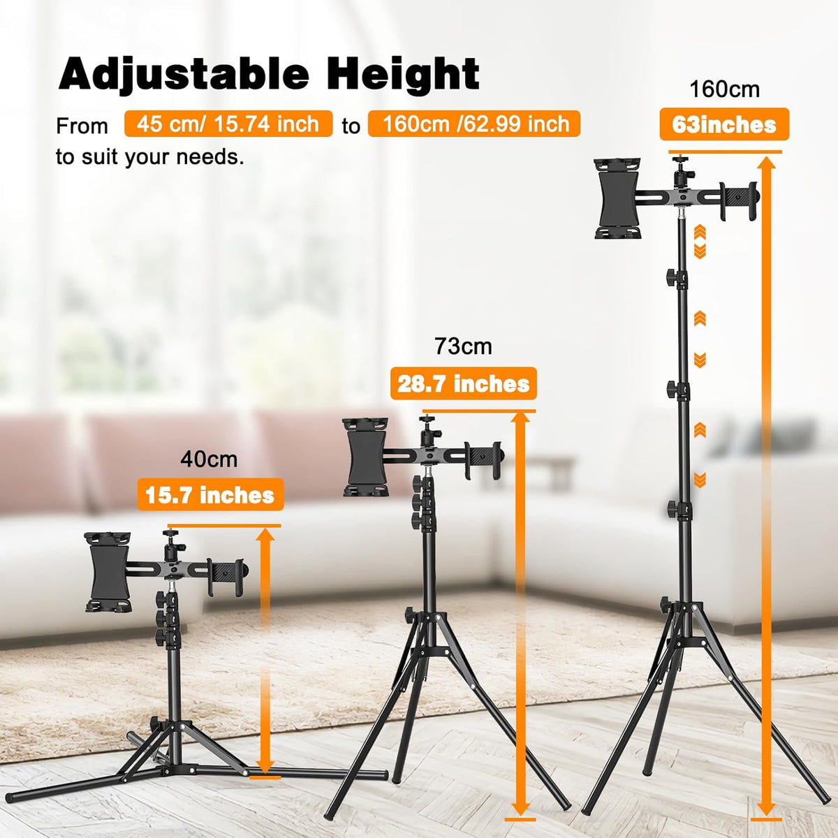 BAISHUN 63-inch 360 2 4.7-12.9 inch 1/4 inch Tripod Stand for Tablet Camera Phone, Height Adjustable iPad Mount Holder
