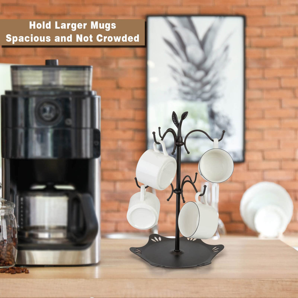 Coffee Mug Holder for Large Mugs, Mug Tree for Counter, Cup Holder for Countertop, Mug Rack with Tray, Metal Mug Tree with 6 Hooks, Coffee Counter Bar Accessory & Kitchen Home Organizer