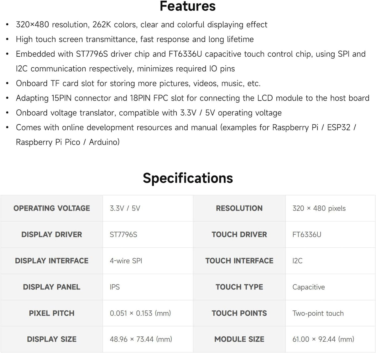 waveshare 3.5inch 5/4B/3B/Zero/Zero 2W/Pico ESP32 Arduino,320480 Capacitive Touch Display Module, Compatible