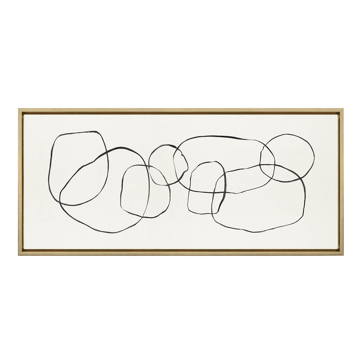 Kate and Laurel Sylvie Dancing Circles Framed Linen Textured Canvas Wall Art by Teju Reval of SnazzyHues, 18x40 Gold, Neutral Abstract Wall Decor