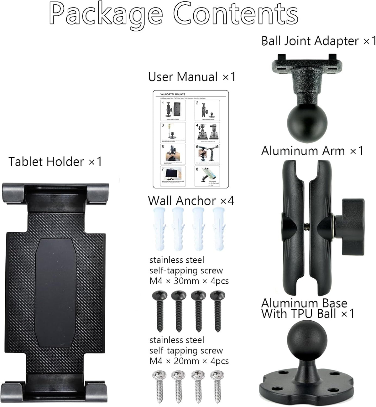 VAUBORTTI 6.5"-12.9" 1 inch/25mm Aluminum Arm Heavy Duty Tablet Mount Drill Base - for Tablet iPad Pro/Mini, iPad