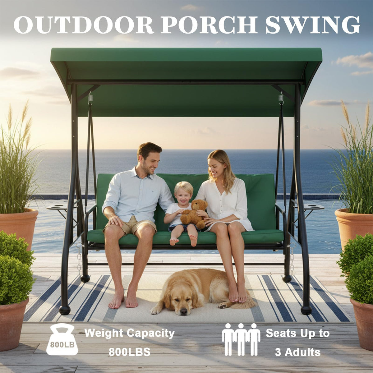3 Person Outdoor Adult Porch Swings Bed with Stand & Adjustable Canopy, Patio Swing Daybed with Foldable Side Tray w/Thicken Cushions for Adults for Balcony Garden Deck Green