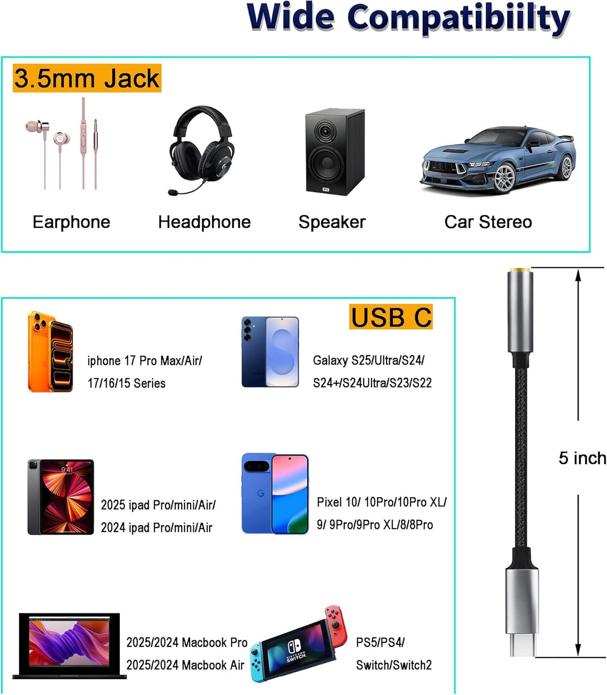 RIAYVIL 3.5mm USB-C to Headphone Jack Adapter,Type-C to Aux Audio Female Adapter
