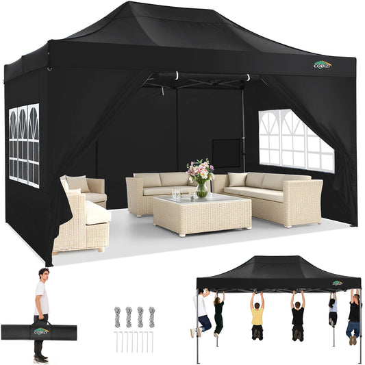 COBIZI 10x15 Pop up Canopy Tent Heavy Duty, Easy Set-up Commercial Outdoor Party Tent, 100% Waterproof Wedding Tents Gazebo, 3 Height Adjustable with Wheeled Bag, Black