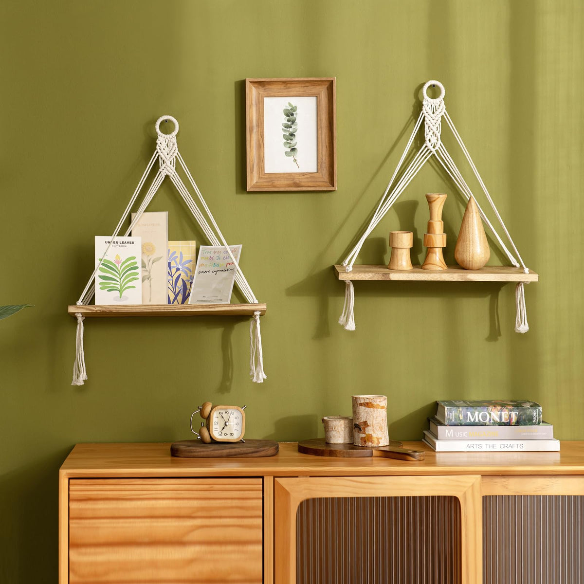 Mkono Macrame Hanging Shelves Boho Wall Decor Set of 2 Rustic Wood Floating Storage Shelf for Bedroom Bathroom Living Room Nursery Dorm Room, Display Shelving for Hanging Plants Photos