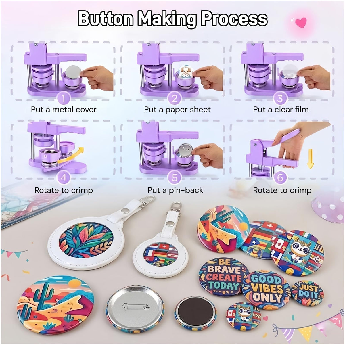 Mryitcal Button Maker Machine 1''+1.25''+2.25'' Pin Maker Button Press Machine w/ 300 Metal Pinback, 10 Fridge Magnet, 5 Badge Charm, 1 Cutting Mat, Badge Making Kit for Custom Badge, Party Favors