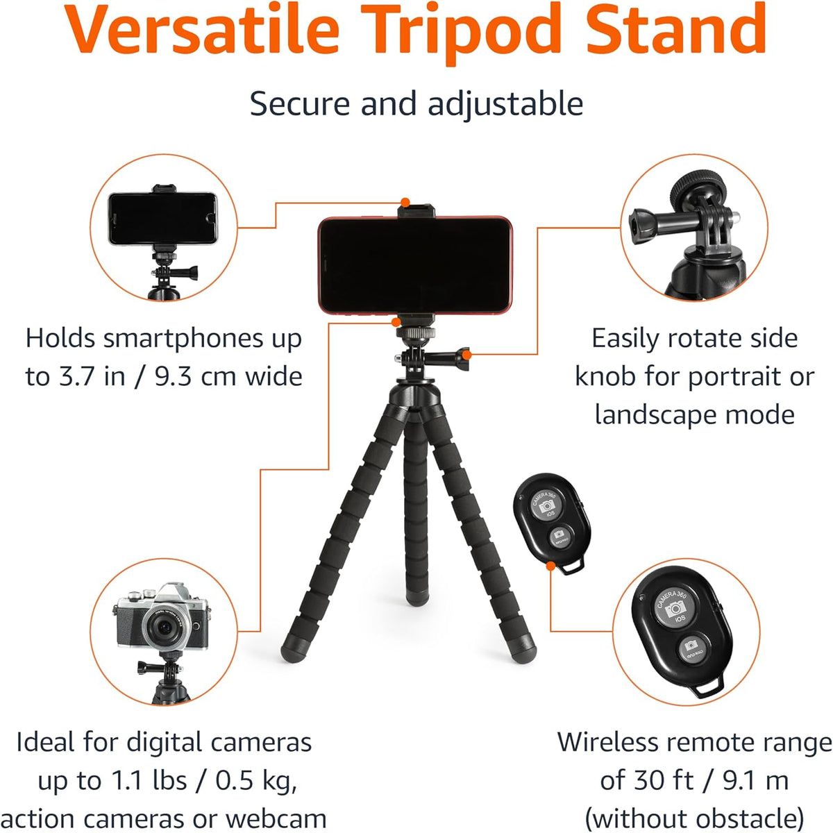 Amazon Basics 10-inch, Portable and Flexible Tripod with Wireless Remote and Smartphone Clamp, Black