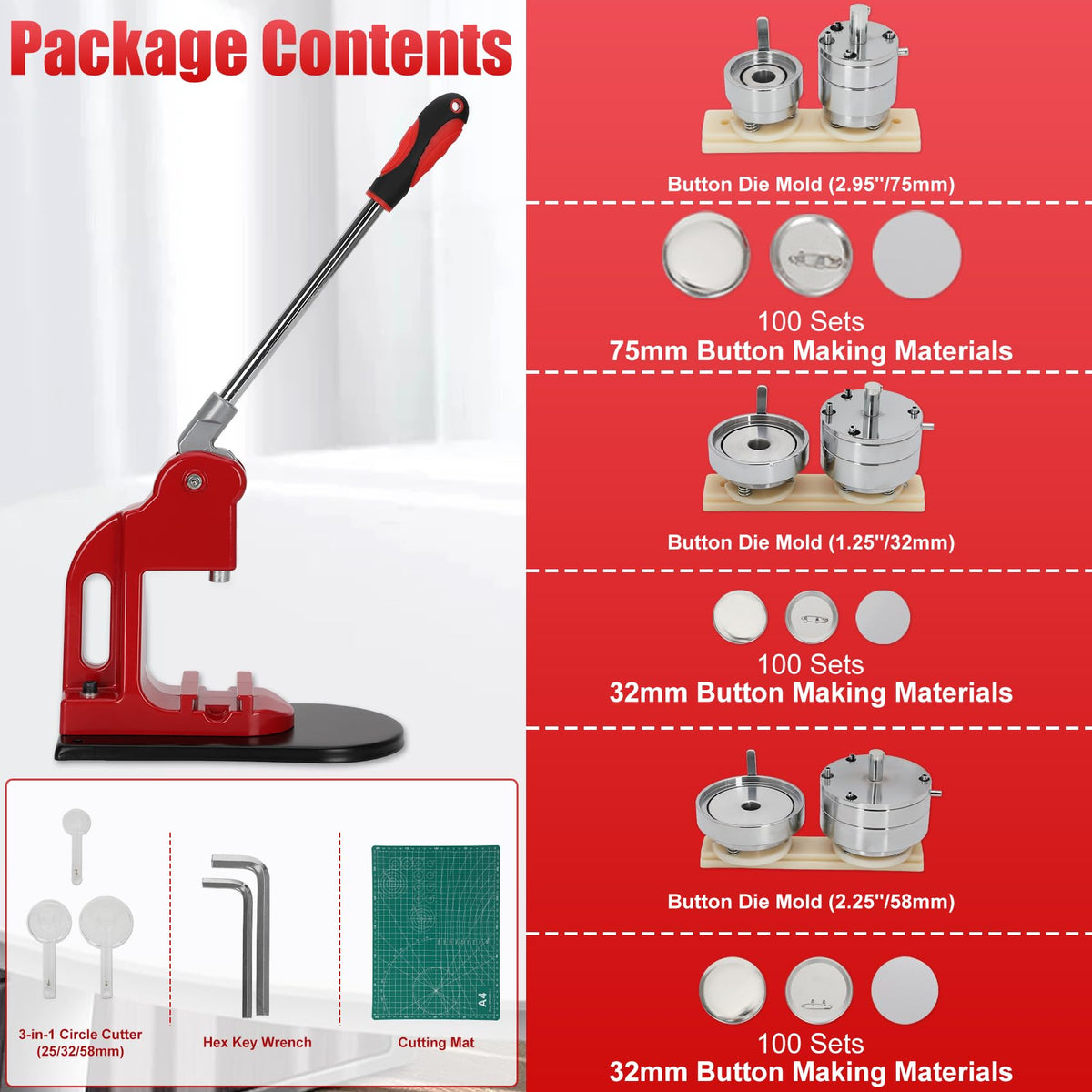 Multiple Sizes Button Maker Machine, Interchangeable Badge Press 1.25 Inch + 2.25 Inch + 3 Inch, DIY Pin Button Making Machine with 300 Sets Supplies, Circle Cutter and Cutting Mat Included