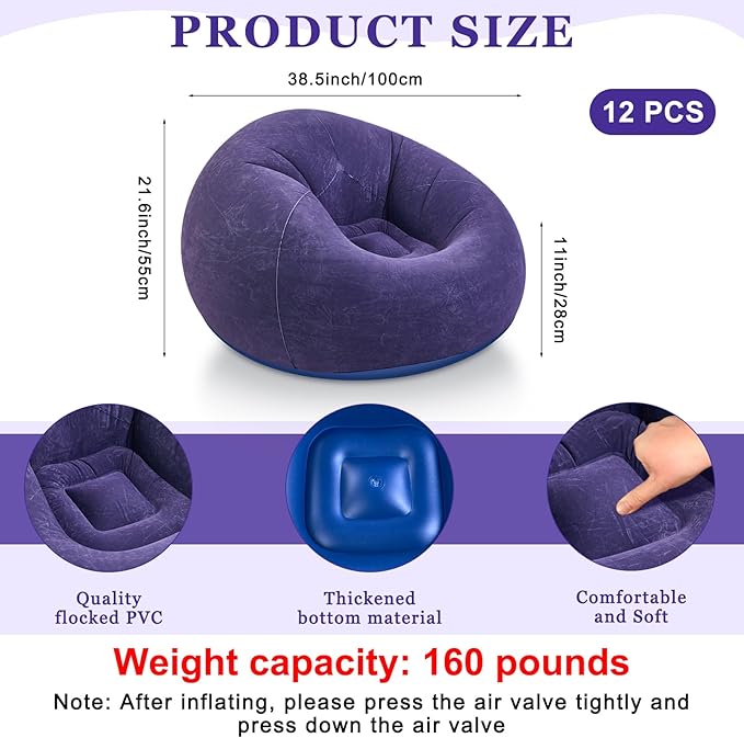 Realspring 12 Pcs Bean Bag Chairs for Adults Inflatable Chairs with Electric Air Pump,Blow up Couch Folding Portable Inflatable Couch Lazy Sofa for Reading Living Room Camping (Blue,Red,Coffee)