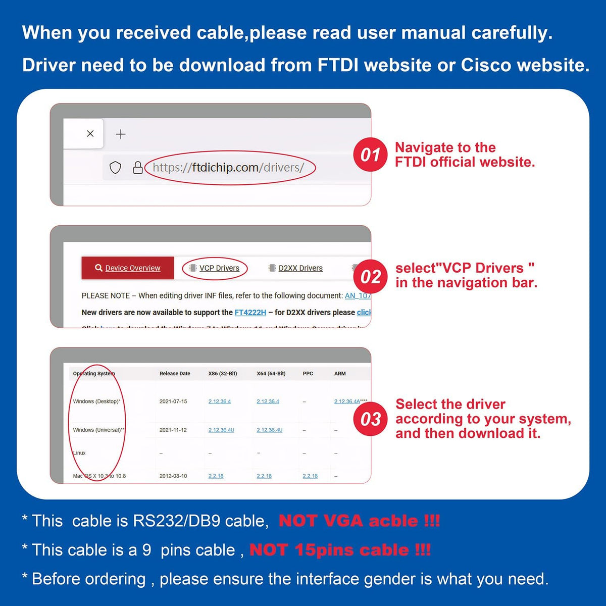 RS232 DB9 2-Pack USB to Serial Male Cable
