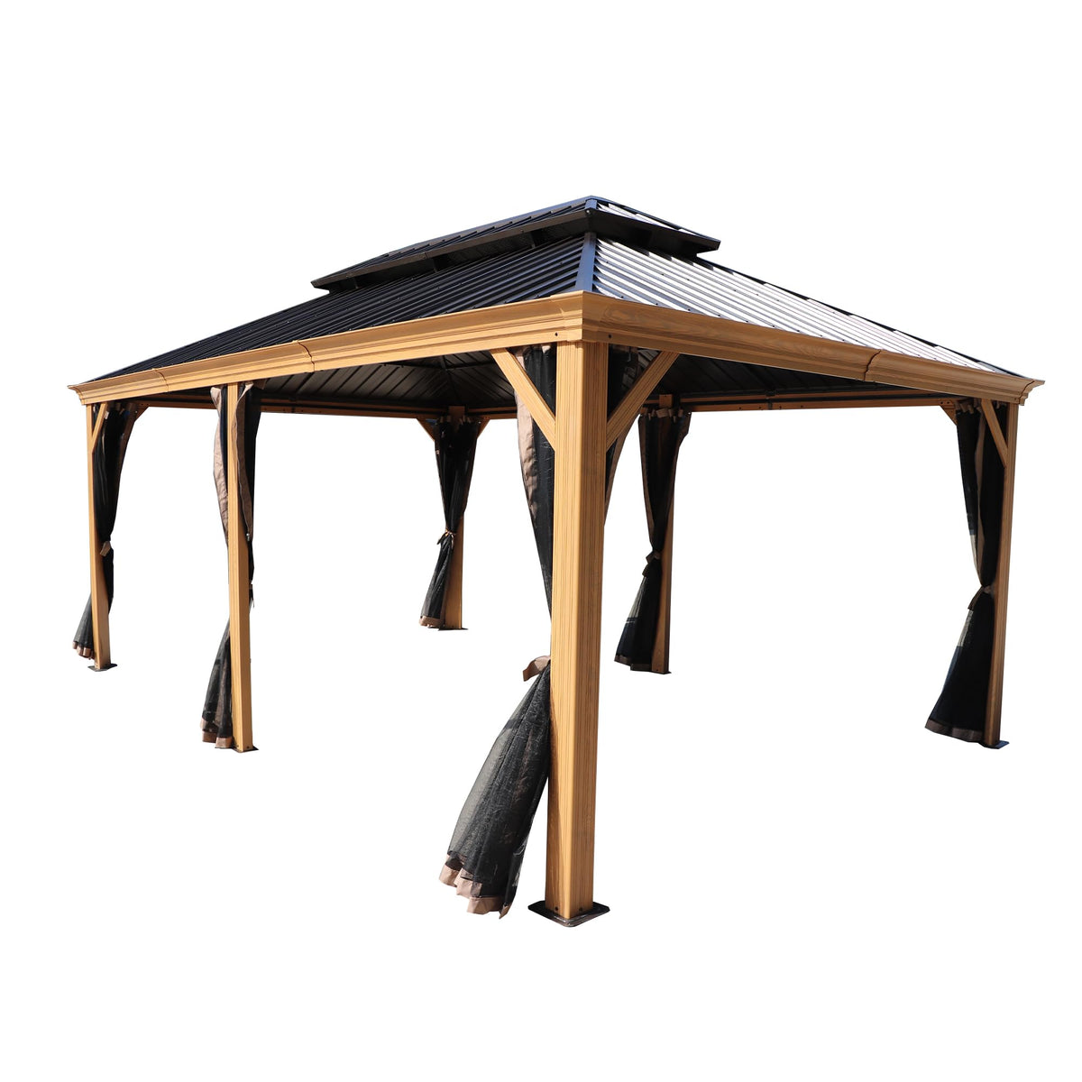 Kozyard Apollo 12’x18’ Hardtop Gazebo, Wooden Coated Aluminum Frame Canopy with Galvanized Steel Double Roof, Outdoor Permanent Metal Pavilion with Netting for Patio, Lawn
