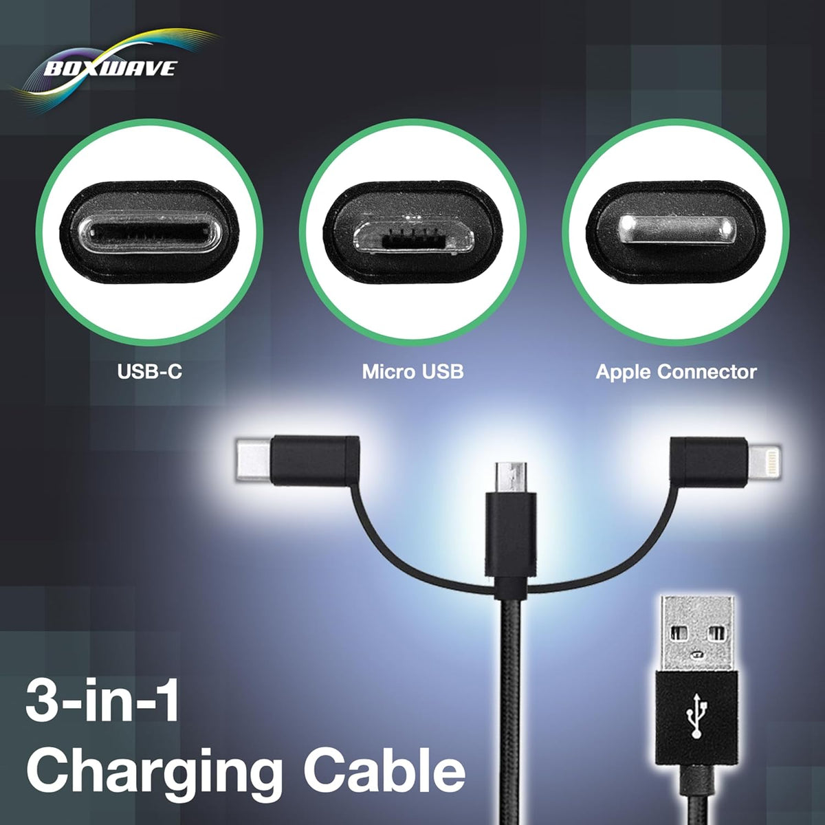 BoxWave 32GB MP3 (1.8 3-in-1 Cable Compatible with RIJAHO Player in) - AllCharge Cable - Jet Black