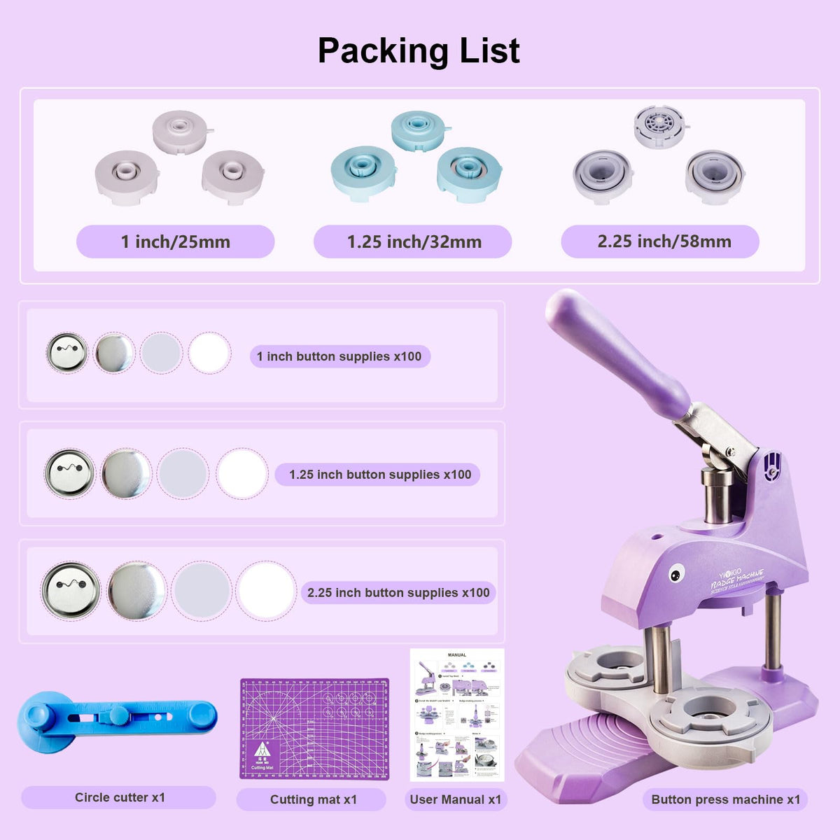 YiiYiiGO Button Maker Machine Multiple Sizes, 1+1.25+2.25 inch Installation-Free Pin Maker Machine, Ideal Pin Press for Kids DIY with Free 300 Sets 25+32+58mm Button Making Supplies(Purple)