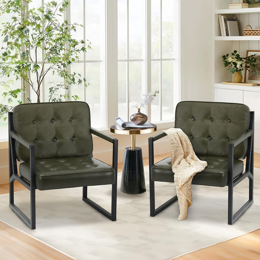 COLAMY Accent Chairs Set of 2, Modern Accent Arm Chairs for Living Room, Comfy Leather Armchairs with Metal Legs for Reception Waiting Room Office Lobby, Green