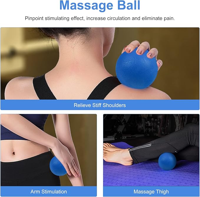 5 in 1 Foam Roller Set Includes Hollow Core Massage Roller, Yoga Stick, Massage Ball, Fitness Stretching Strap, Massage Roller, Carrying Bag, Towel (Blue)