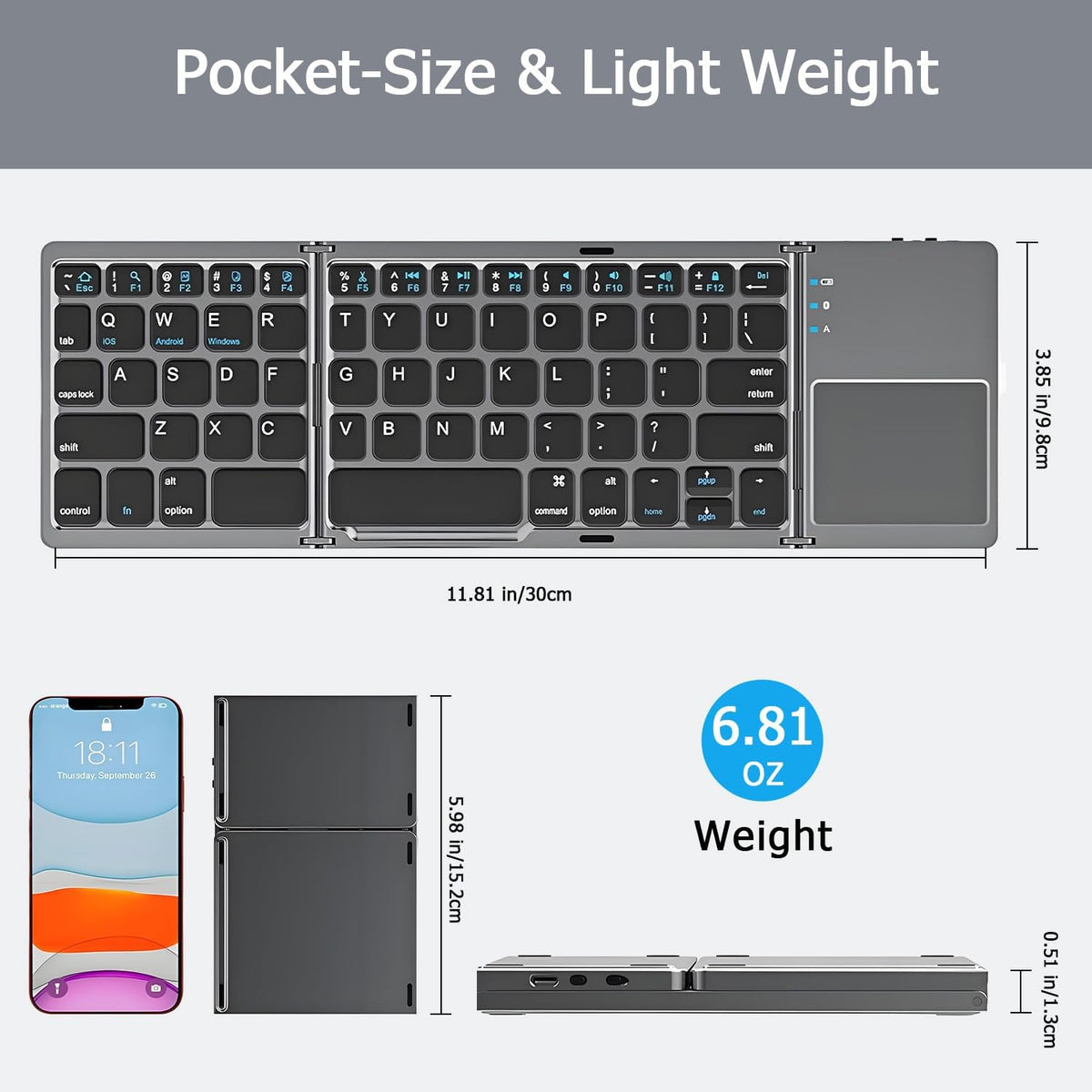 KUNSI Foldable Bluetooth Keyboard with Touchpad, Ultra Slim Portable Wireless Keyboard with Rechargeable Battery