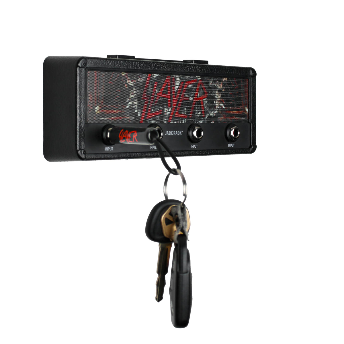 P Pluginz Jack Rack Wall mounting Key Hanger. Includes 4 Guitar Plug Keychains and Wall mounting Hardware. (Slayer)