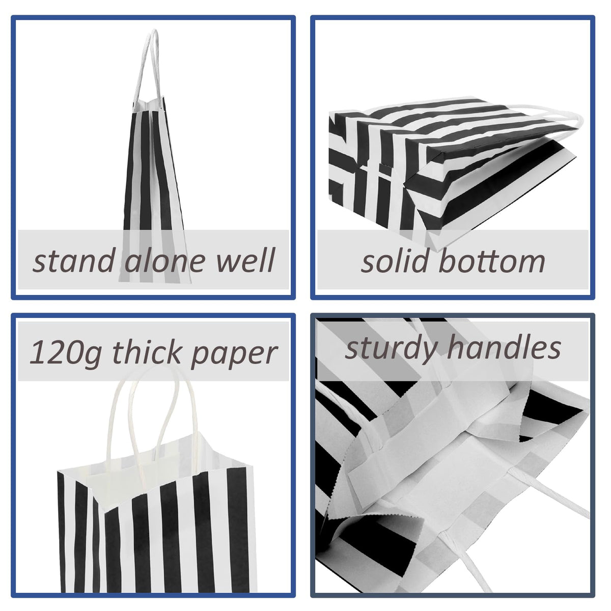 Ronvir 50Pcs Small Gift Bags, 5.25x3.25x8 Inches Black & White Striped Recycled Kraft Paper Bag with Handles Bulk for Christmas, Party Favors, Shopping, Goodie, Birthday, Retail, Halloween,Business,Gift Wrapping